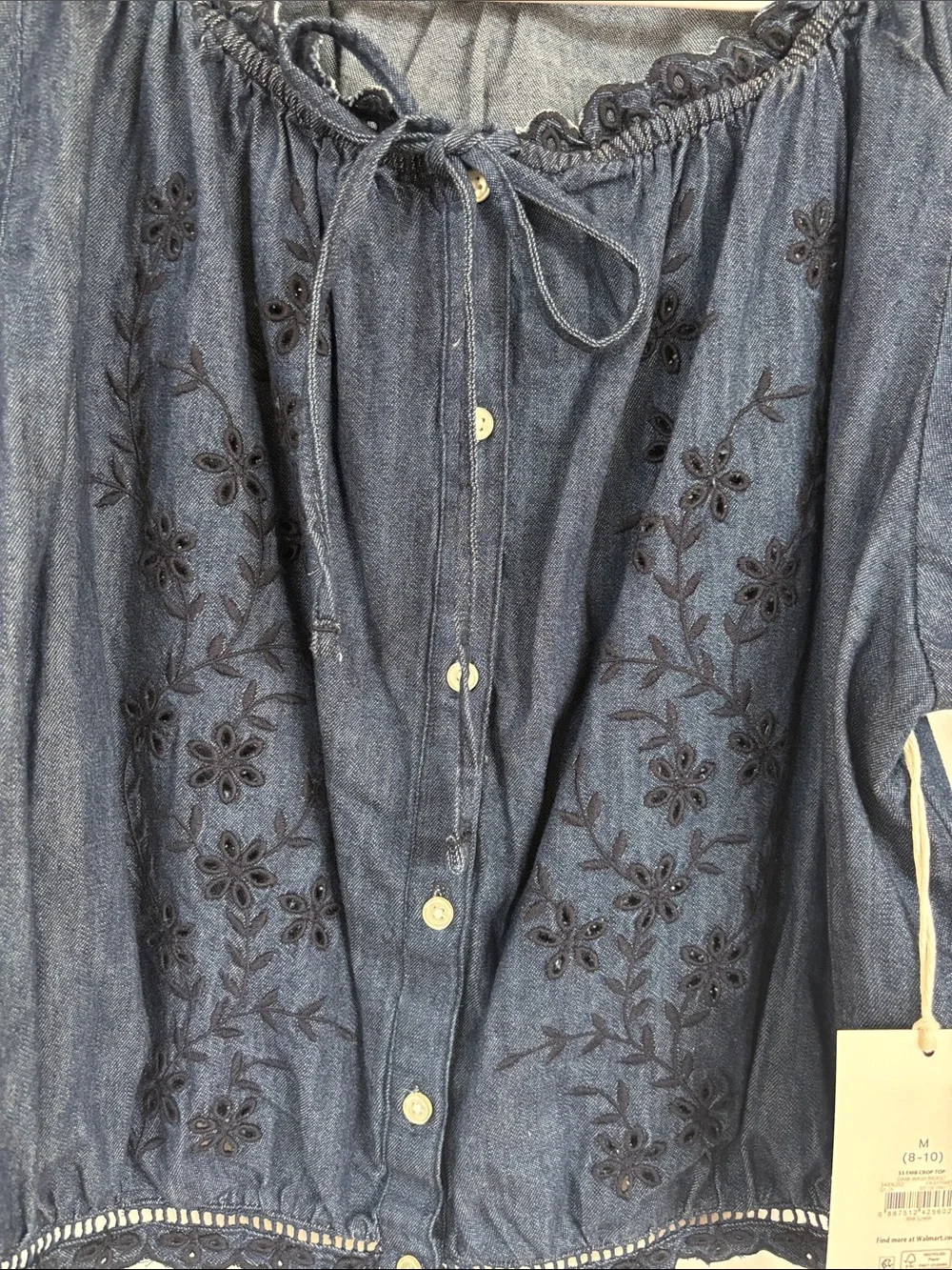 Free People Indigo Embroidered Button-Front Peasant Top